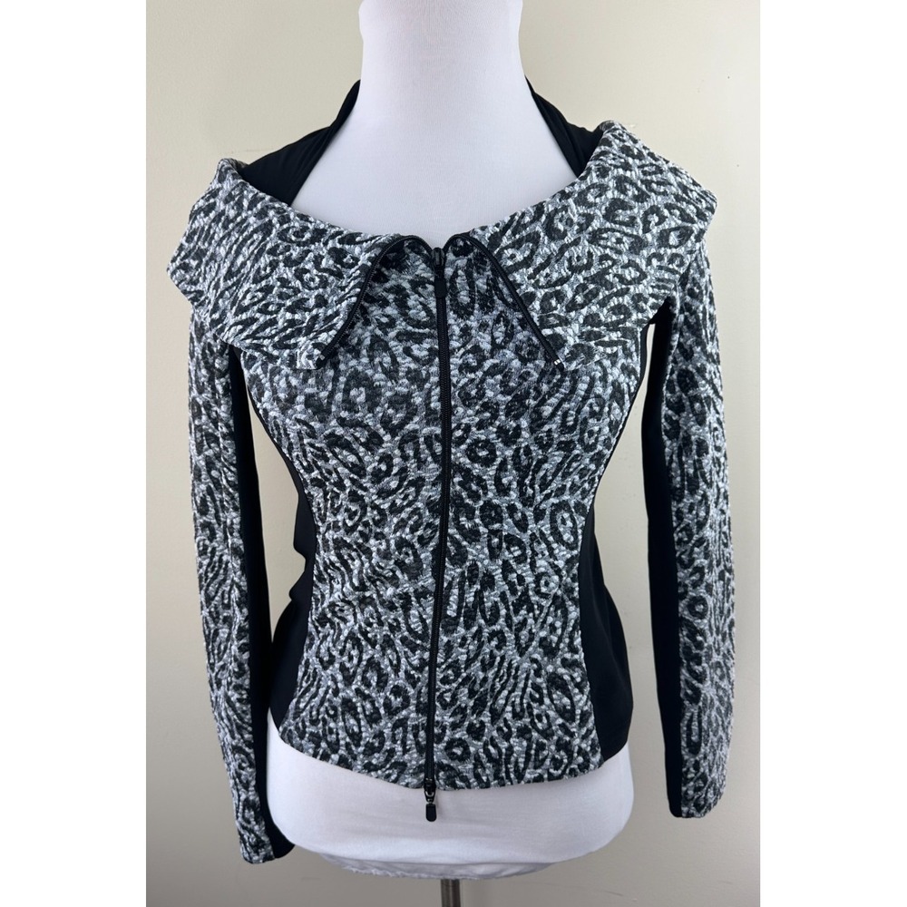 Joseph Ribkoff Women's Size 10 Leopard Print Zip Up Portrait Collar Jacket Grey - Picture 3 of 12